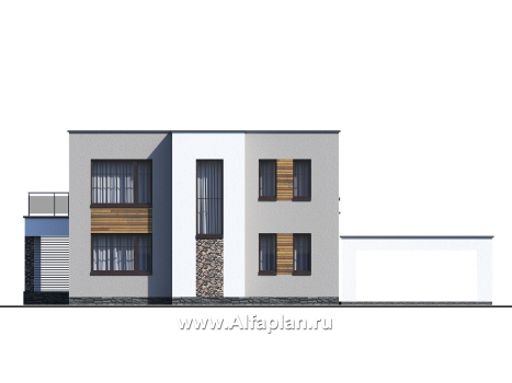 Проекты домов Альфаплан - «Серотонин» - проект двухэтажного дома, в современном стиле хай-тек, с террасой и балконом, навес на 2 авто - превью фасада №3