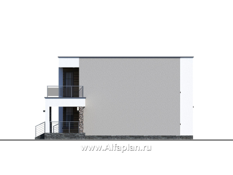 Проекты домов Альфаплан - «Серотонин» - проект двухэтажного дома, в современном стиле хай-тек, с террасой и балконом, навес на 2 авто - превью фасада №4