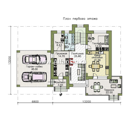Проекты домов Альфаплан - «Серотонин» - проект двухэтажного дома, в современном стиле хай-тек, с террасой и балконом, навес на 2 авто - превью плана проекта №1