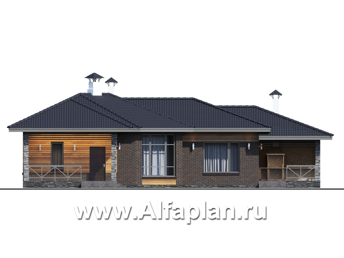 Проекты домов Альфаплан - «Квазар» - проект одноэтажного дома с диагональным планом - изображение фасада №1