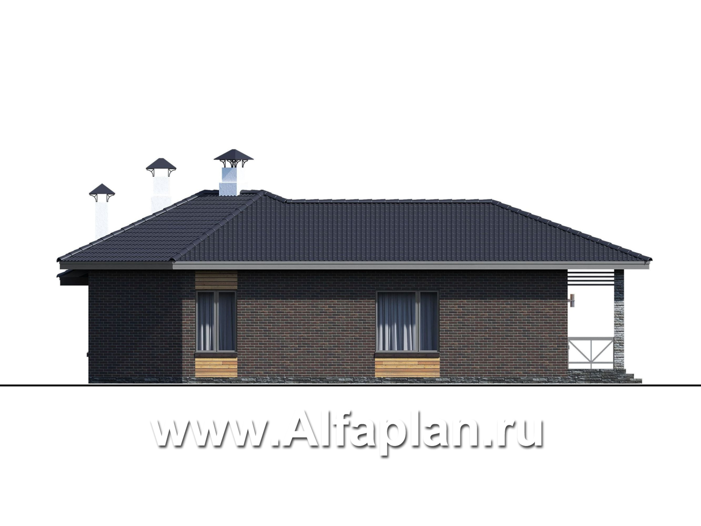 Проекты домов Альфаплан - «Квазар» - проект одноэтажного дома, с оригинальным планом,  с террасой - изображение фасада №2