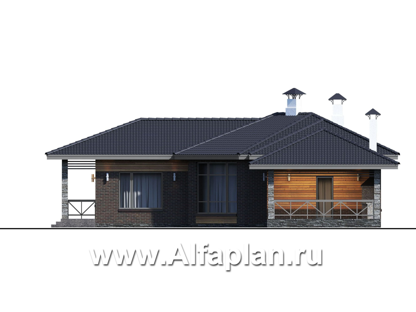 Проекты домов Альфаплан - «Квазар» - проект одноэтажного дома, с оригинальным планом,  с террасой - изображение фасада №4