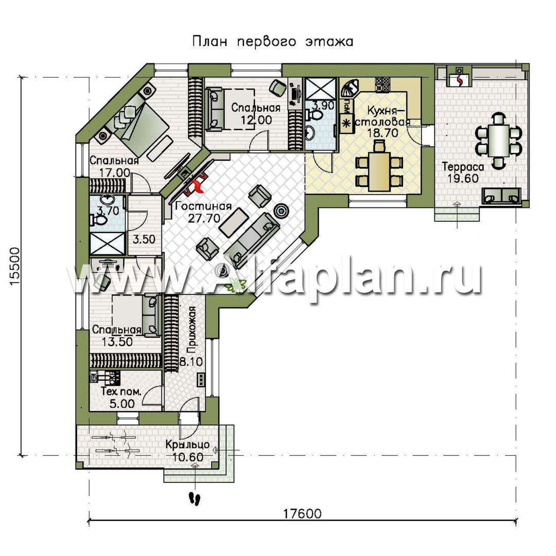 Проекты домов Альфаплан - «Квазар» - проект одноэтажного дома, с оригинальным планом,  с террасой - изображение плана проекта №1