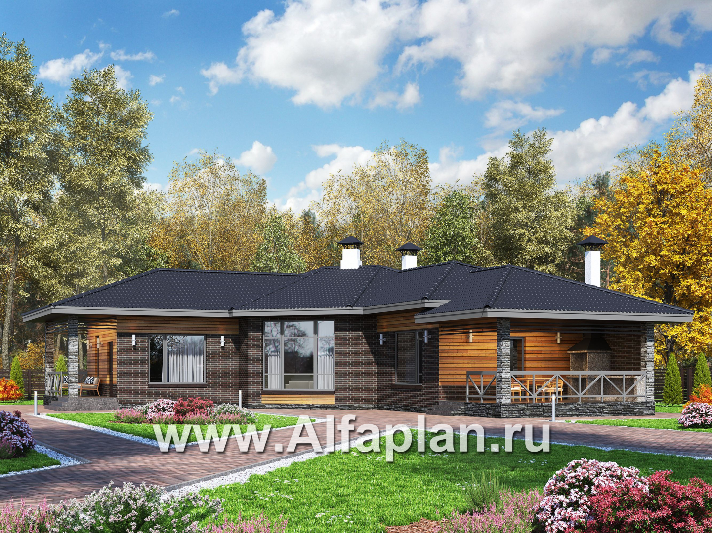 Проекты домов Альфаплан - «Квазар» - проект одноэтажного дома, с оригинальным планом,  с террасой - основное изображение