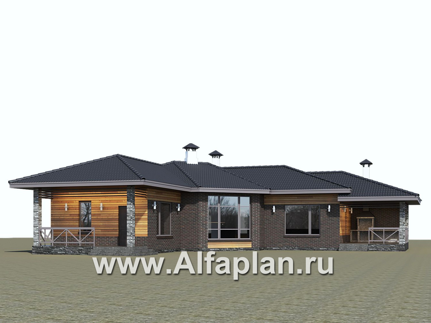 «Квазар» - проект одноэтажного дома, с оригинальным планом,  с террасой - дизайн дома №2