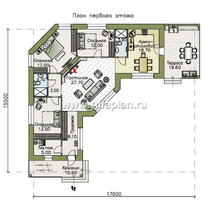 Проекты домов Альфаплан - «Квазар» - проект одноэтажного дома с диагональным планом - превью плана проекта №1