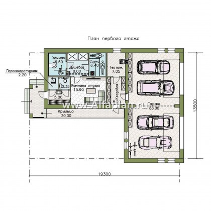 Проект гаража на 4 авто, и баня с сауной и хамам, с плоской кровлей - превью план дома