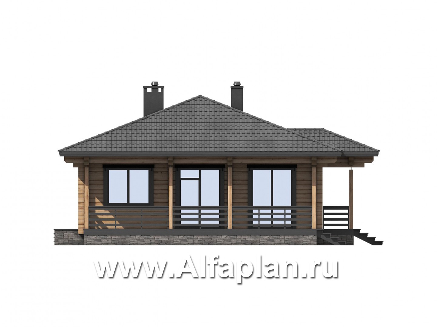 Проект одноэтажного дома из бруса, дача с террасой, 3 спальни - фасад дома