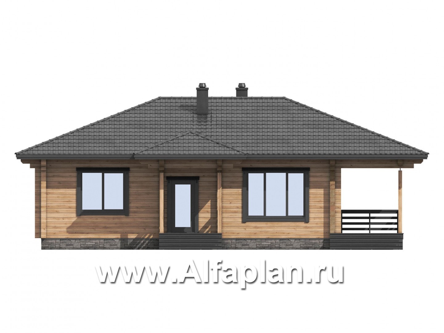 Проект одноэтажного дома из бруса, дача с террасой, 3 спальни - фасад дома
