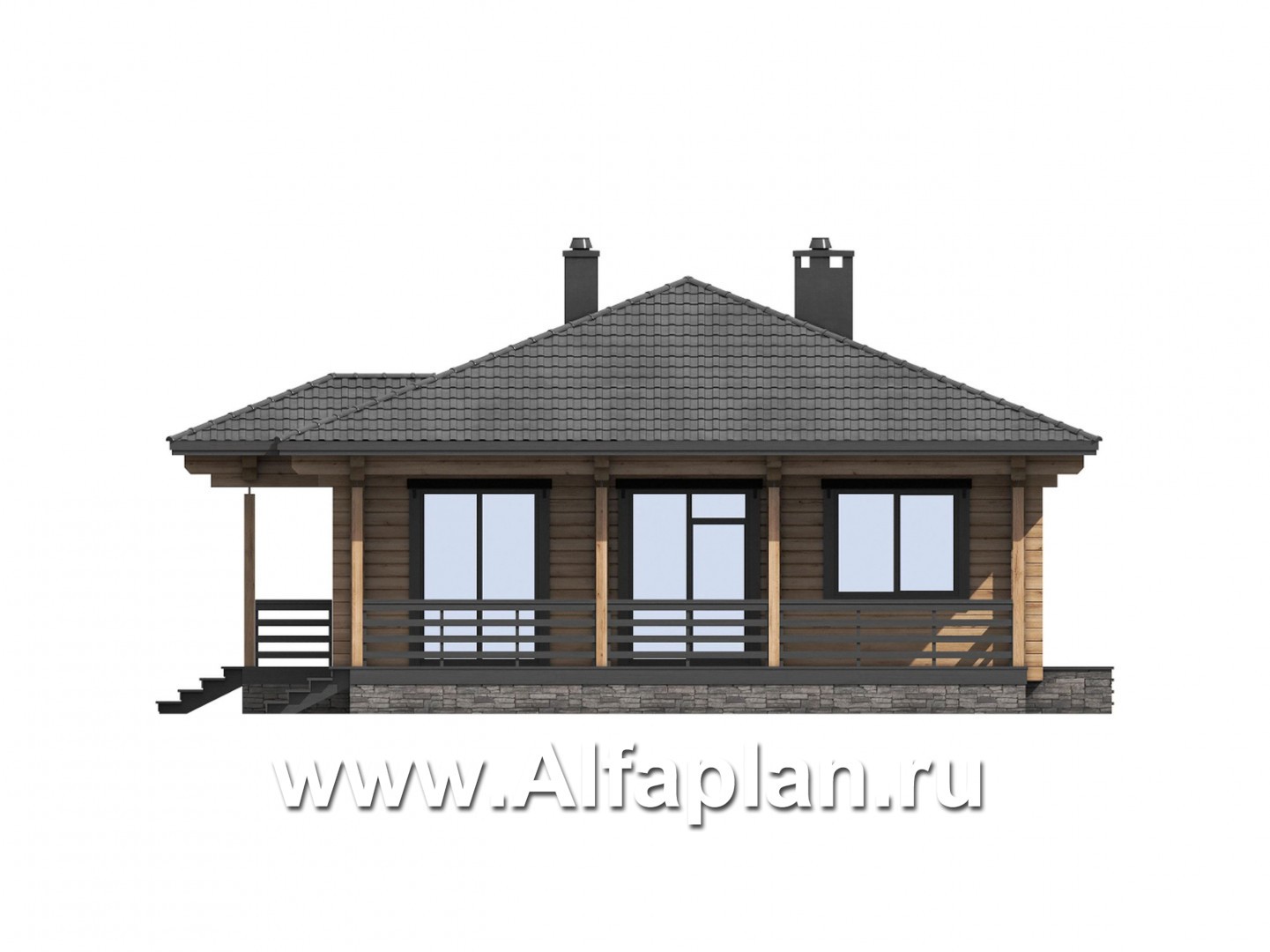 Проект одноэтажного дома из бруса, дача с террасой, 3 спальни - фасад дома