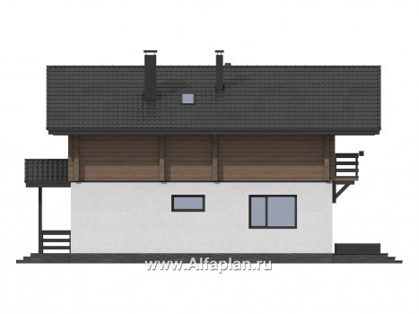 Проект дома с мансардой, с террасой и с балконом, из газобетона и бруса, в стиле шале - превью фасада дома
