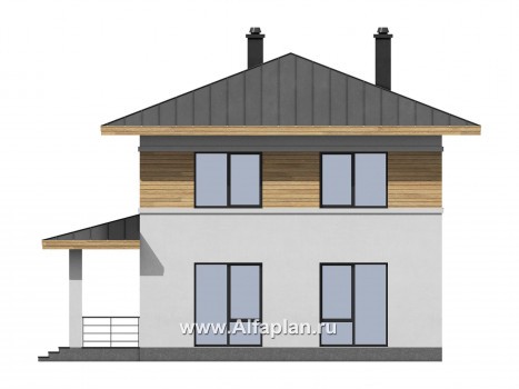 Проект двухэтажного дома из газобетона, планировка с кабинетом на 1 эт и с террасой, в современном стиле - превью фасада дома