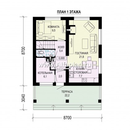 Проекты домов Альфаплан - Проект  двухэтажного дома с компактным планом - превью плана проекта №1