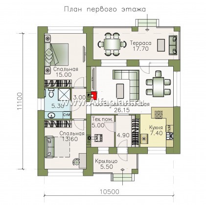 Проекты домов Альфаплан - «Онега» - проект одноэтажного дома со скрытой установкой ролет на окнах - превью плана проекта №1