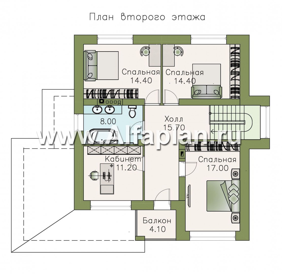 Проекты домов Альфаплан - «Роман с камнем» — двухэтажный коттедж, со скрытой установкой ролет на окнах 1-го этажа - план проекта №2