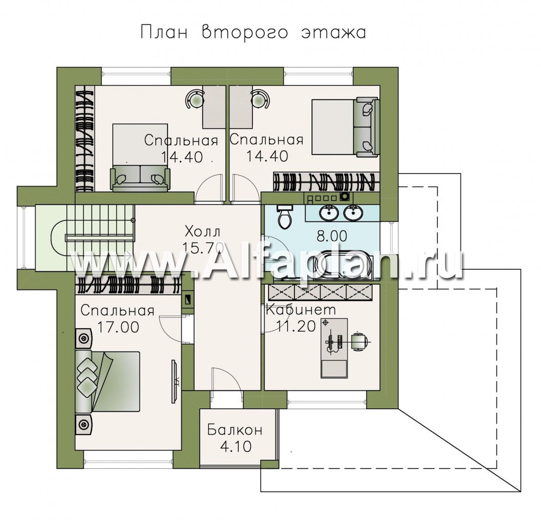 Проекты домов Альфаплан - «Роман с камнем» — двухэтажный коттедж, со скрытой установкой ролет на окнах 1-го этажа - план проекта №2