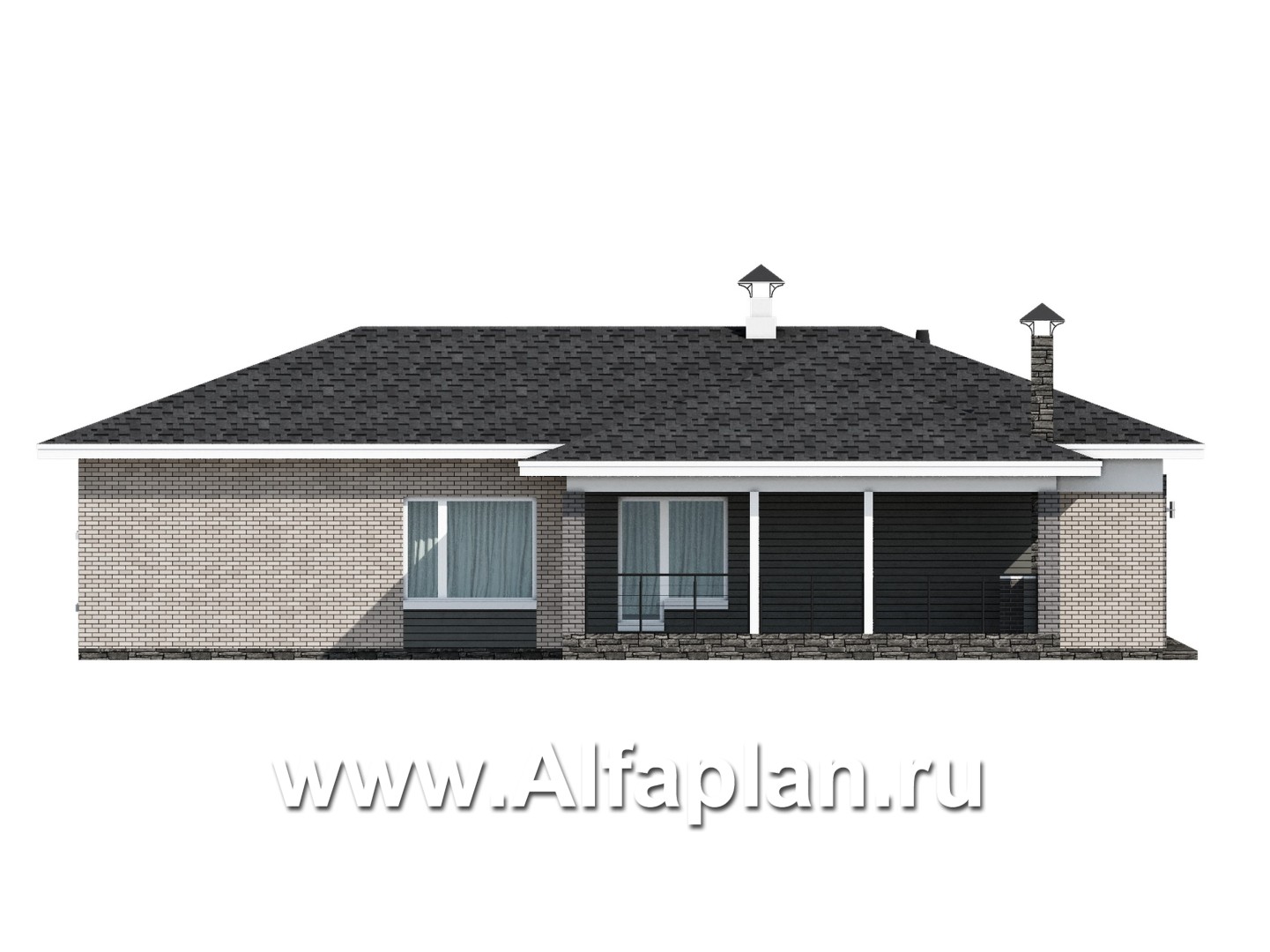 Проекты домов Альфаплан - «Юкон» - проект просторного одноэтажного коттеджа с террасой - изображение фасада №3