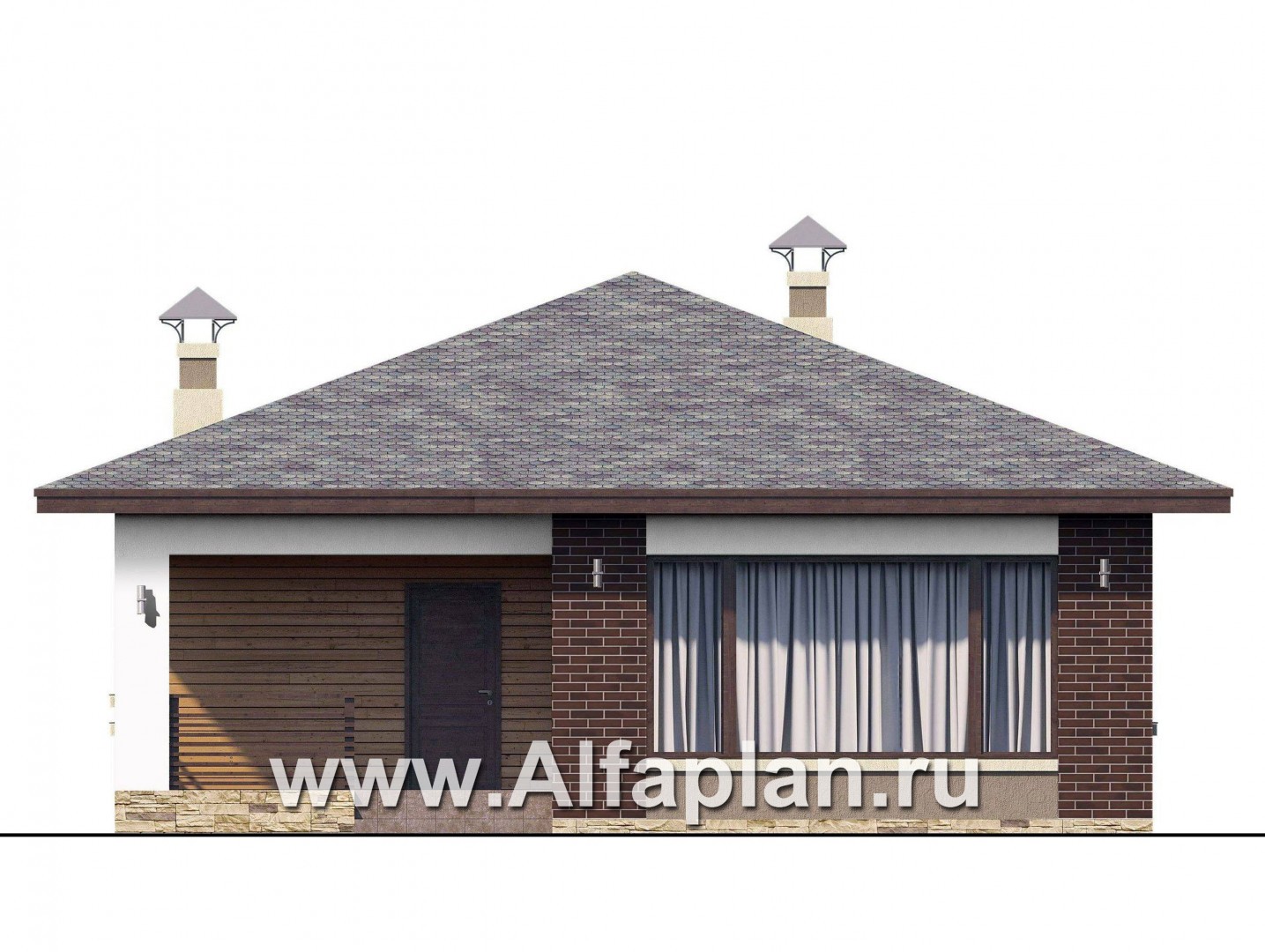 Проекты домов Альфаплан - «Дега» - проект одноэтажного дома из газобетона, с террасой, 2 спальни - изображение фасада №1