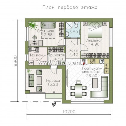 «Дега» - проект одноэтажного дома из газобетона, с террасой, 2 спальни - превью план дома