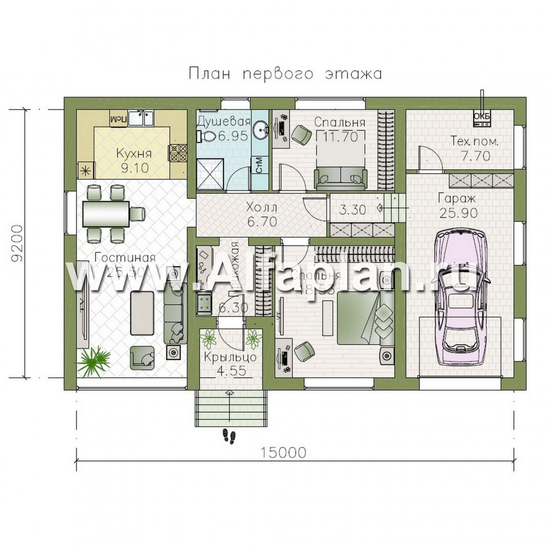 582B «Вотчина» - проект одноэтажного дома, в классическом стиле, с гаражом:  цена | Купить готовый проект с фото и планировкой