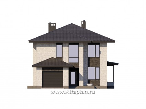 Проекты домов Альфаплан - Двухэтажный дом из газобетона с гаражом - превью фасада №1