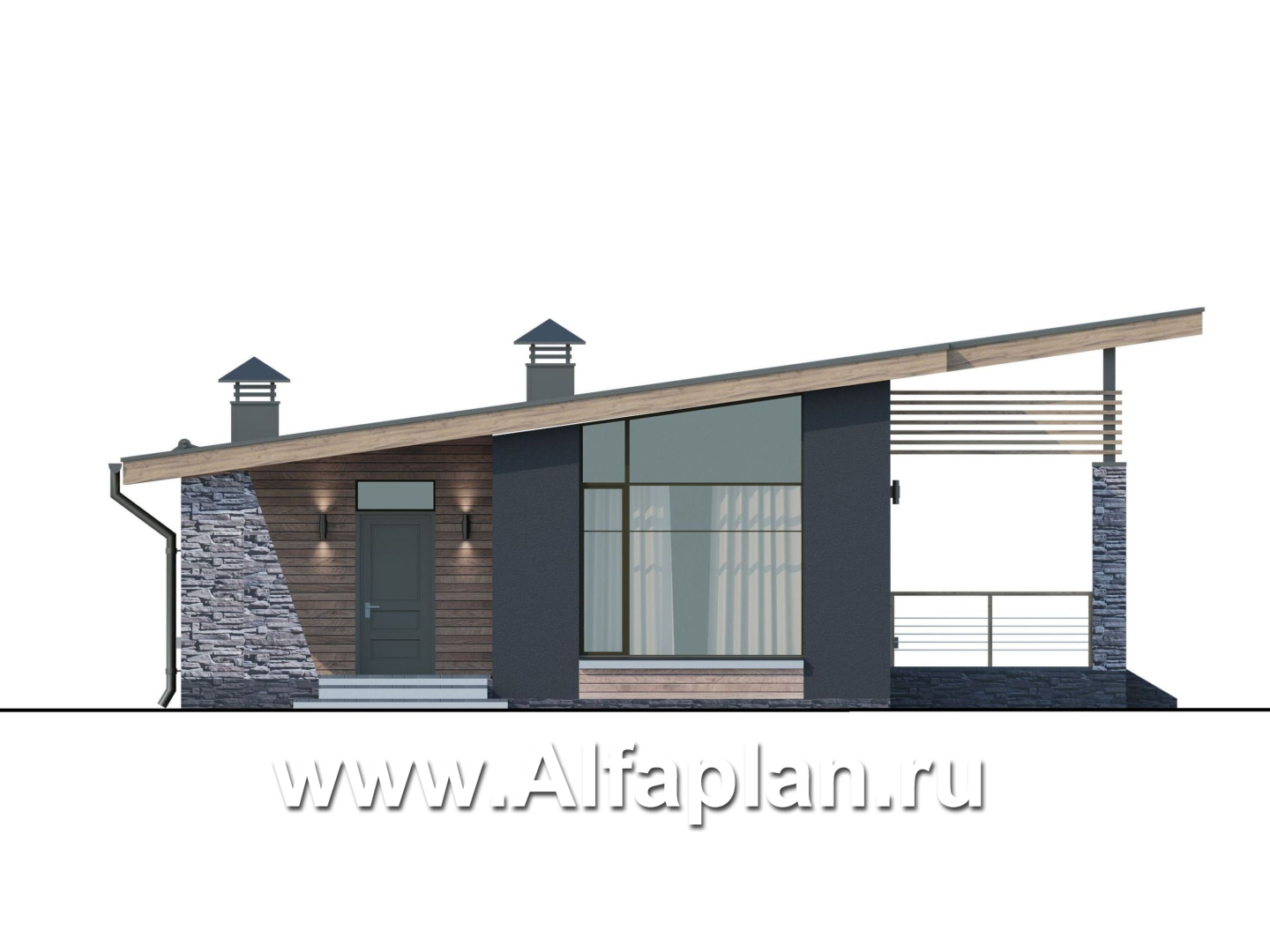 Проекты домов Альфаплан - «Корица» - проект одноэтажного дома с двумя спальнями - изображение фасада №1