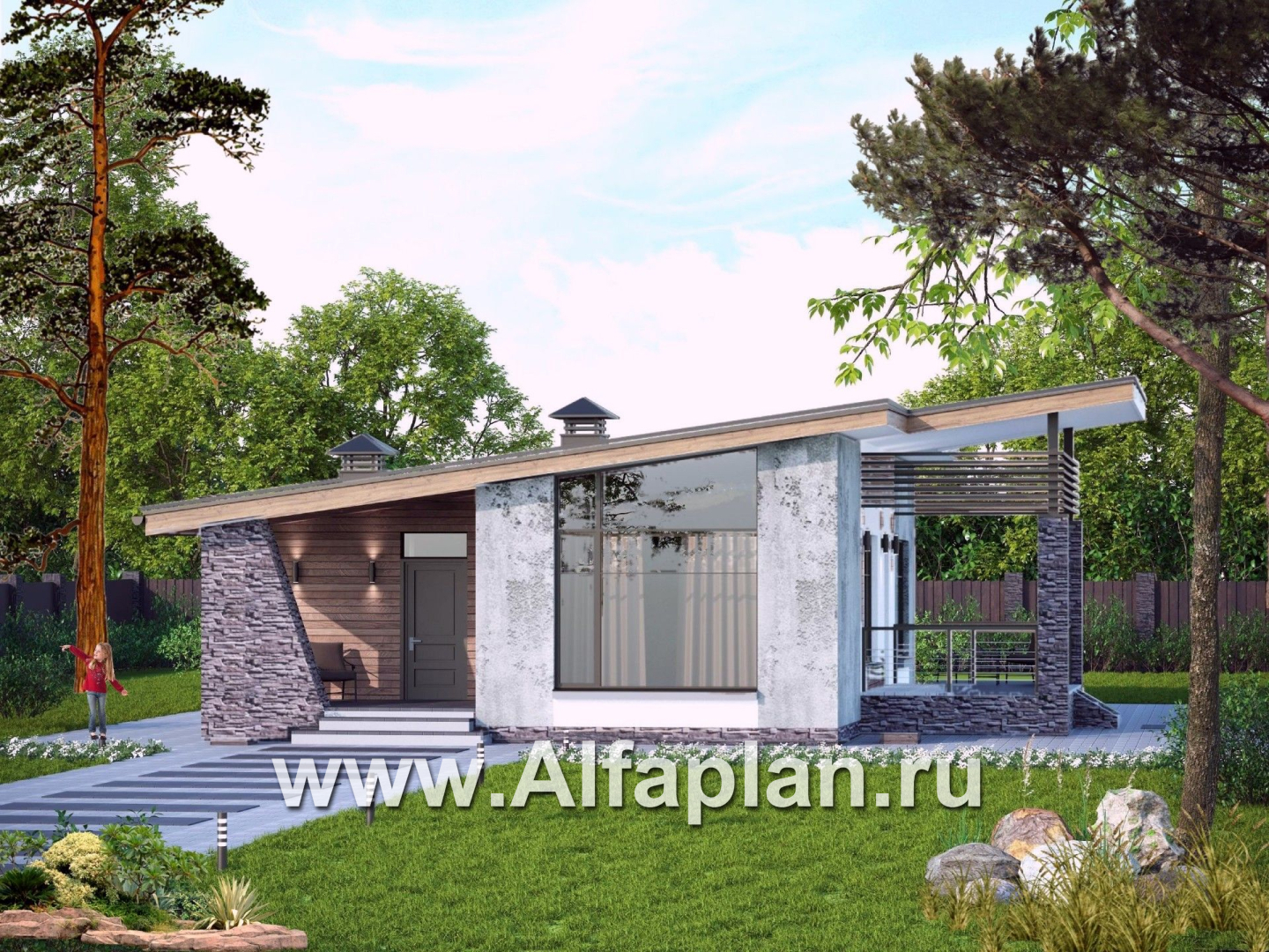 «Корица» - проект одноэтажного дома, с террасой, 2 спальни, с односкатной крышей - основное изображение