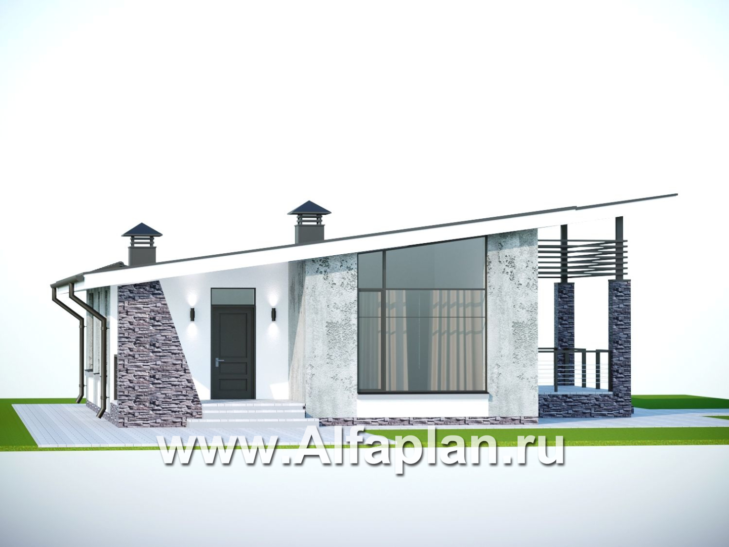 «Корица» - проект одноэтажного дома, с террасой, 2 спальни, с односкатной крышей - дизайн дома №1