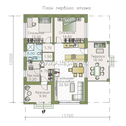 Проекты домов Альфаплан - «Корица» - проект одноэтажного дома с двумя спальнями - превью плана проекта №1