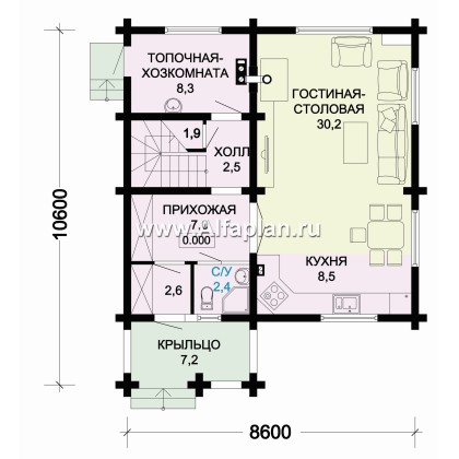 Проект деревянного дома с мансардой, из бревен, 3 спальни - превью план дома