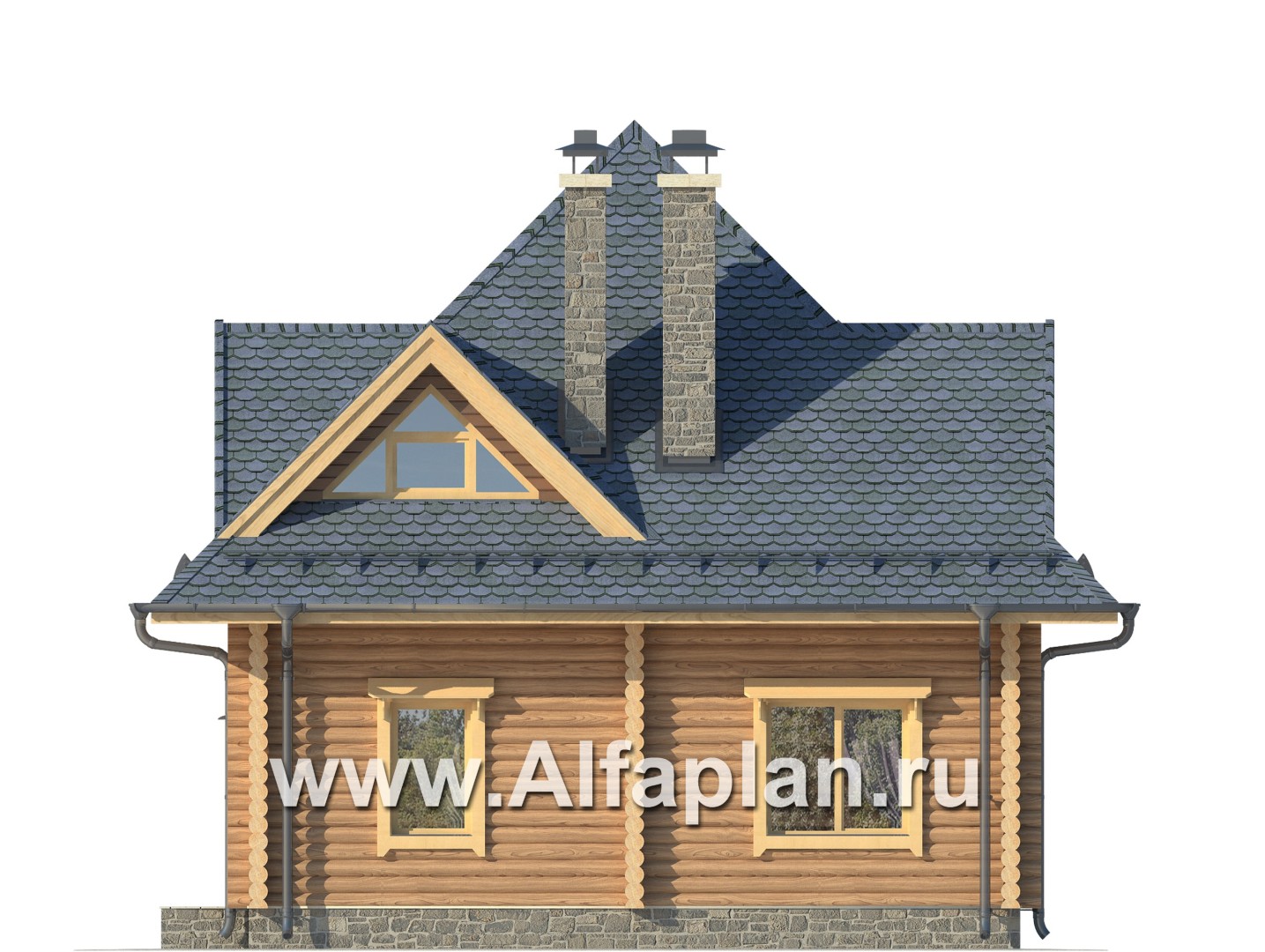 Проект деревянного дома с мансардой, из бревен, 3 спальни - фасад дома
