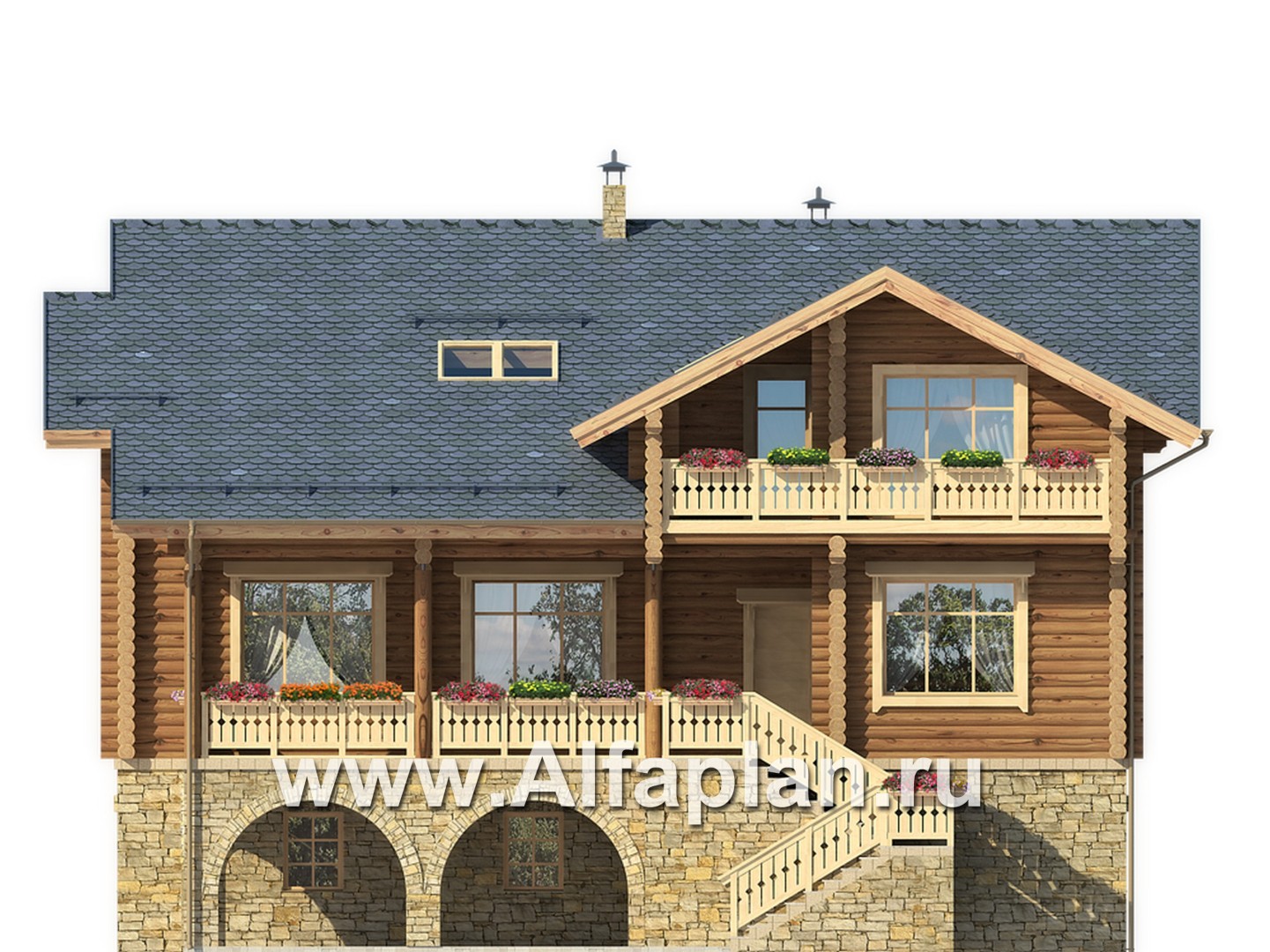 Проекты домов Альфаплан - "Традиция" - дом из бревен на каменном цоколе, подойдет для участков с рельефом - изображение фасада №1