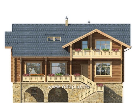 Проекты домов Альфаплан - "Традиция" - дом из бревен на каменном цоколе, подойдет для участков с рельефом - превью фасада №1