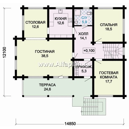 «Традиция» - проект дом с мансардой из бревен, на каменном цоколе,  для участков с рельефом - превью план дома