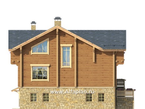 Проекты домов Альфаплан - "Традиция" - дом из бревен на каменном цоколе, подойдет для участков с рельефом - превью фасада №3