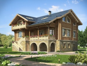 Проекты домов Альфаплан - "Традиция" - дом из бревен на каменном цоколе, подойдет для участков с рельефом - превью основного изображения