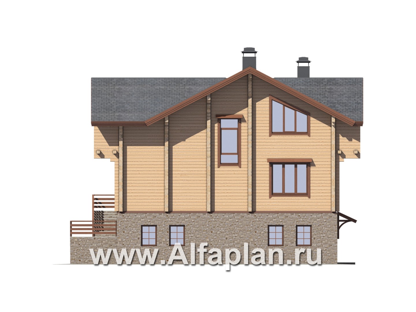 Проекты домов Альфаплан - "Традиция" - дом из бревен с гаражом в цокольном этаже из камня - изображение фасада №2