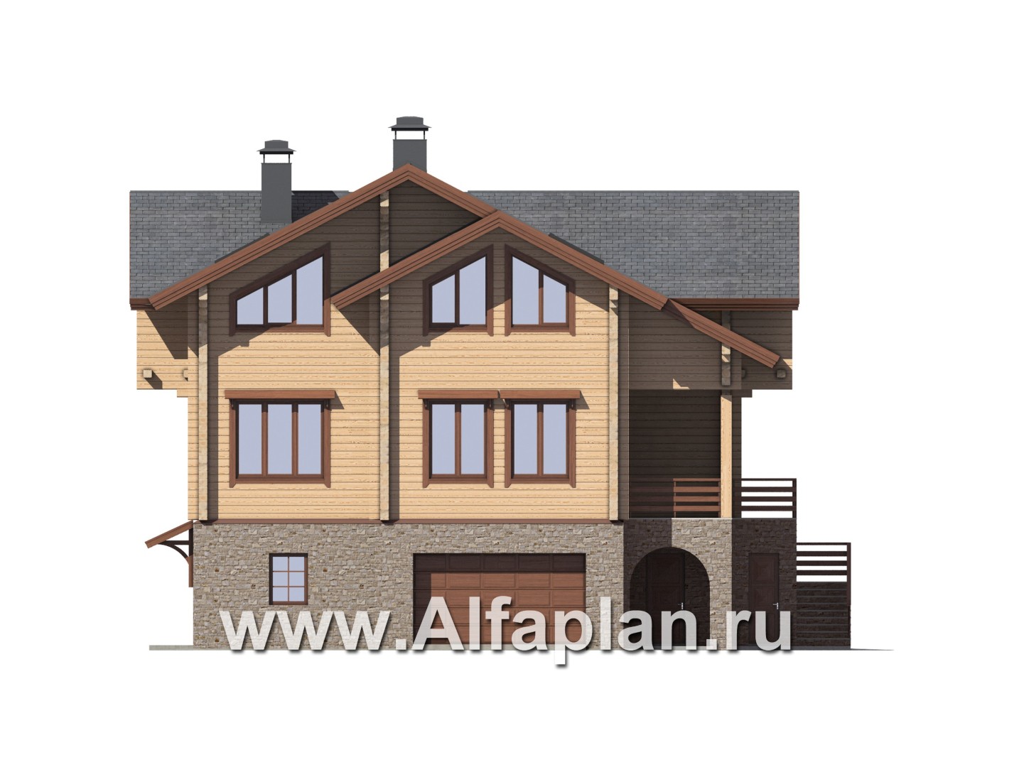 «Традиция» - проект дом с мансардой из бревен, с гаражом и сауной в каменном цоколе,  для участков с рельефом - фасад дома
