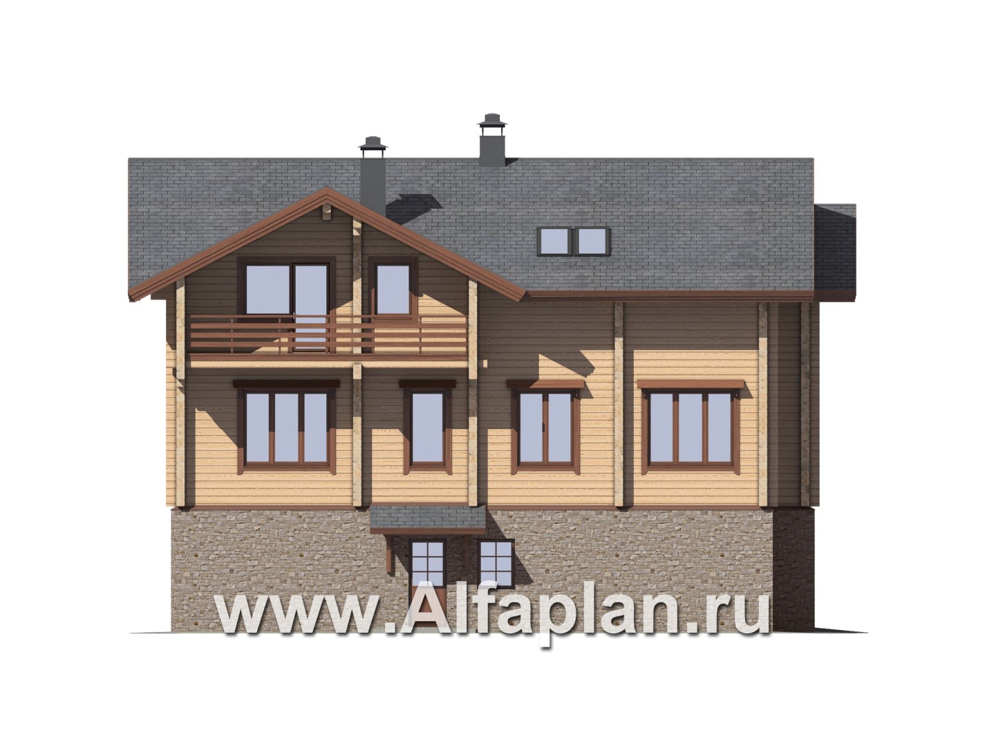 Проекты домов Альфаплан - "Традиция" - дом из бревен с гаражом в цокольном этаже из камня - изображение фасада №4