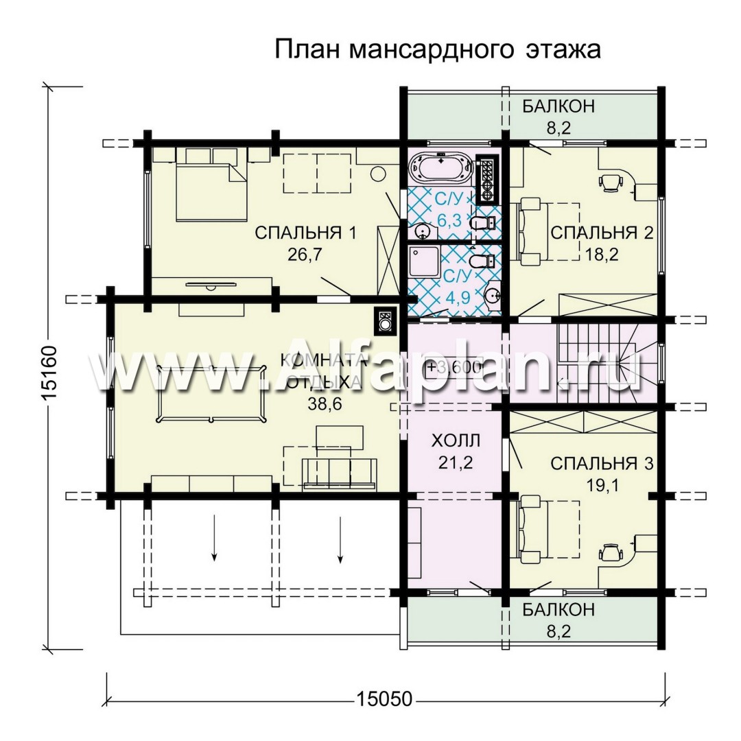 «Традиция» - проект дом с мансардой из бревен, с гаражом и сауной в каменном цоколе,  для участков с рельефом - план дома