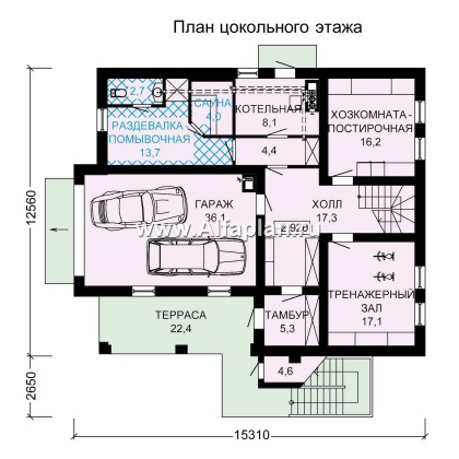 «Традиция» - проект дом с мансардой из бревен, с гаражом и сауной в каменном цоколе,  для участков с рельефом - превью план дома