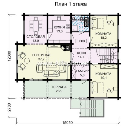 «Традиция» - проект дом с мансардой из бревен, с гаражом и сауной в каменном цоколе,  для участков с рельефом - превью план дома