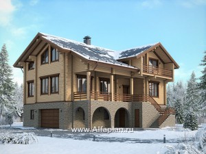 Проекты домов Альфаплан - "Традиция" - дом из бревен с гаражом в цокольном этаже из камня - превью основного изображения