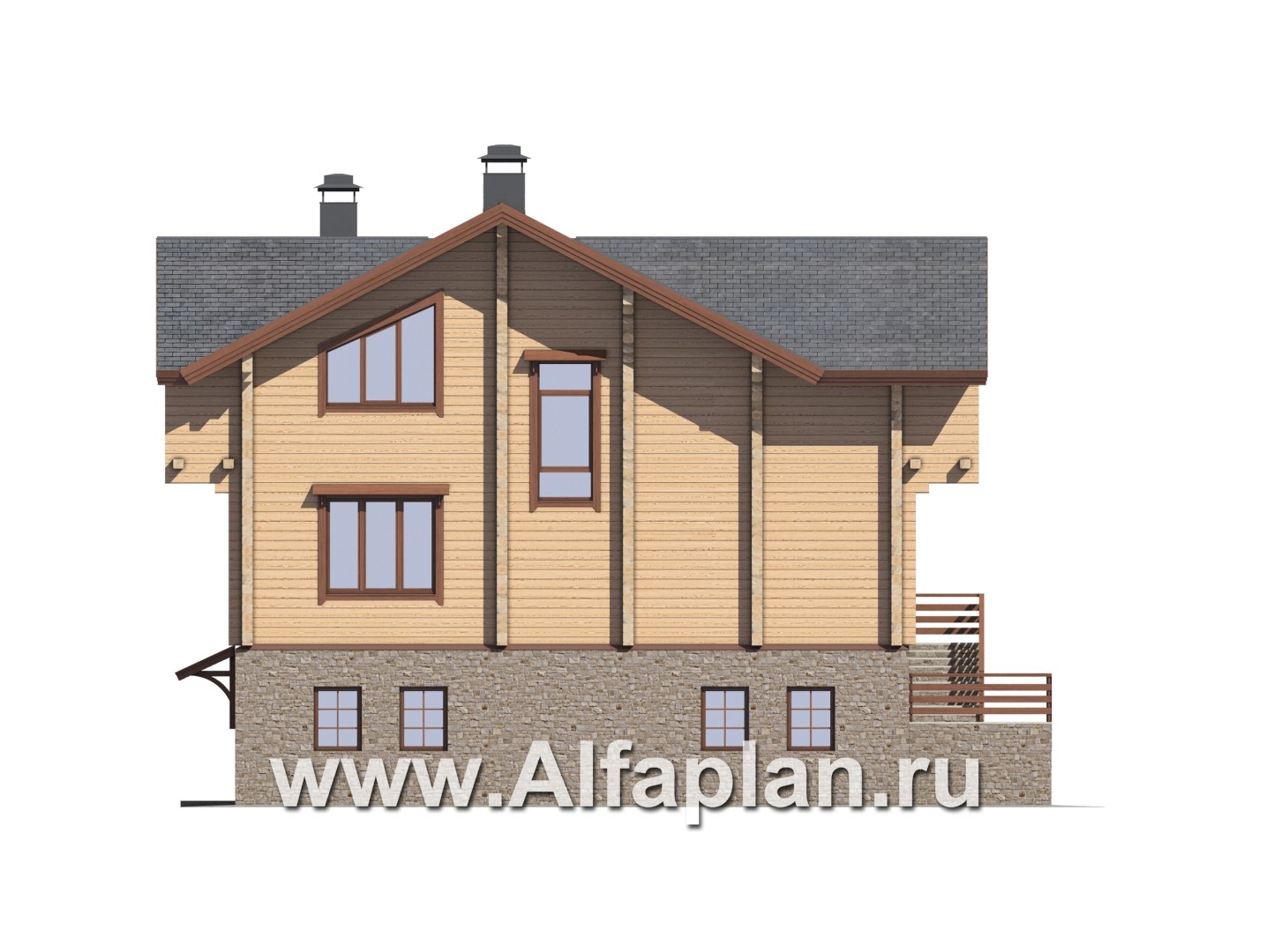 «Традиция» - проект дом с мансардой из бревен, с гаражом и сауной в каменном цоколе,  для участков с рельефом - фасад дома