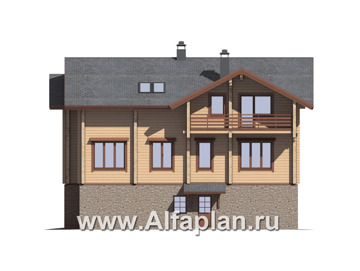 «Традиция» - проект дом с мансардой из бревен, с гаражом и сауной в каменном цоколе,  для участков с рельефом - фасад дома