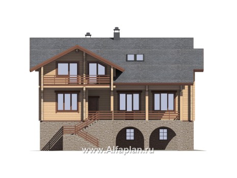 Проекты домов Альфаплан - "Традиция" - дом из бревен с гаражом в цокольном этаже из камня - превью фасада №1