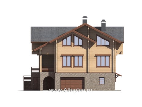 Проекты домов Альфаплан - "Традиция" - дом из бревен с гаражом в цокольном этаже из камня - превью фасада №2