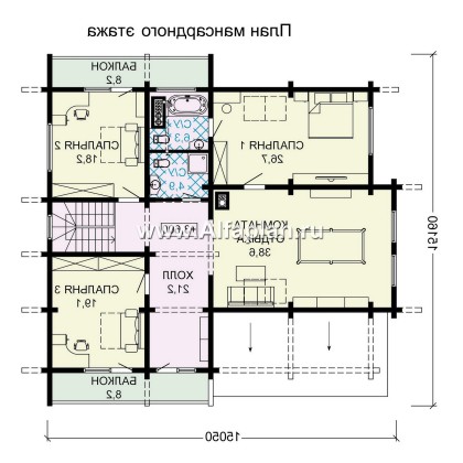 «Традиция» - проект дом с мансардой из бревен, с гаражом и сауной в каменном цоколе,  для участков с рельефом - превью план дома