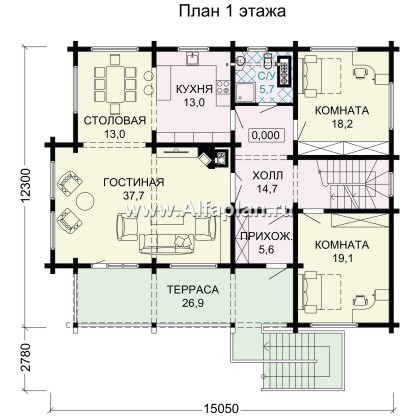 «Традиция» - проект дом с мансардой из бревен, с гаражом и сауной в каменном цоколе,  с террасой - превью план дома