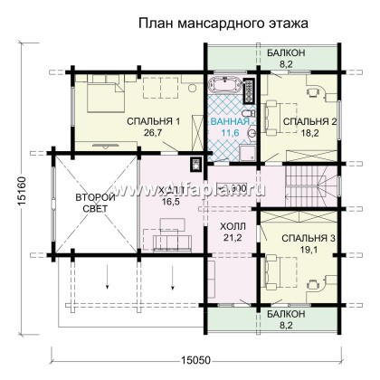 «Традиция» - проект дом с мансардой из бревен, с гаражом и сауной в каменном цоколе,  с террасой - превью план дома